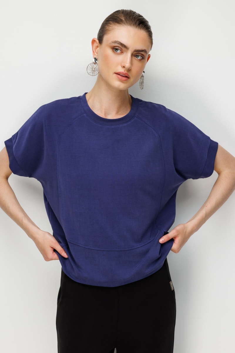 On Kadın Sıfır Yaka Dikiş Detaylı T-Shirt 76429 Indigo Indigo