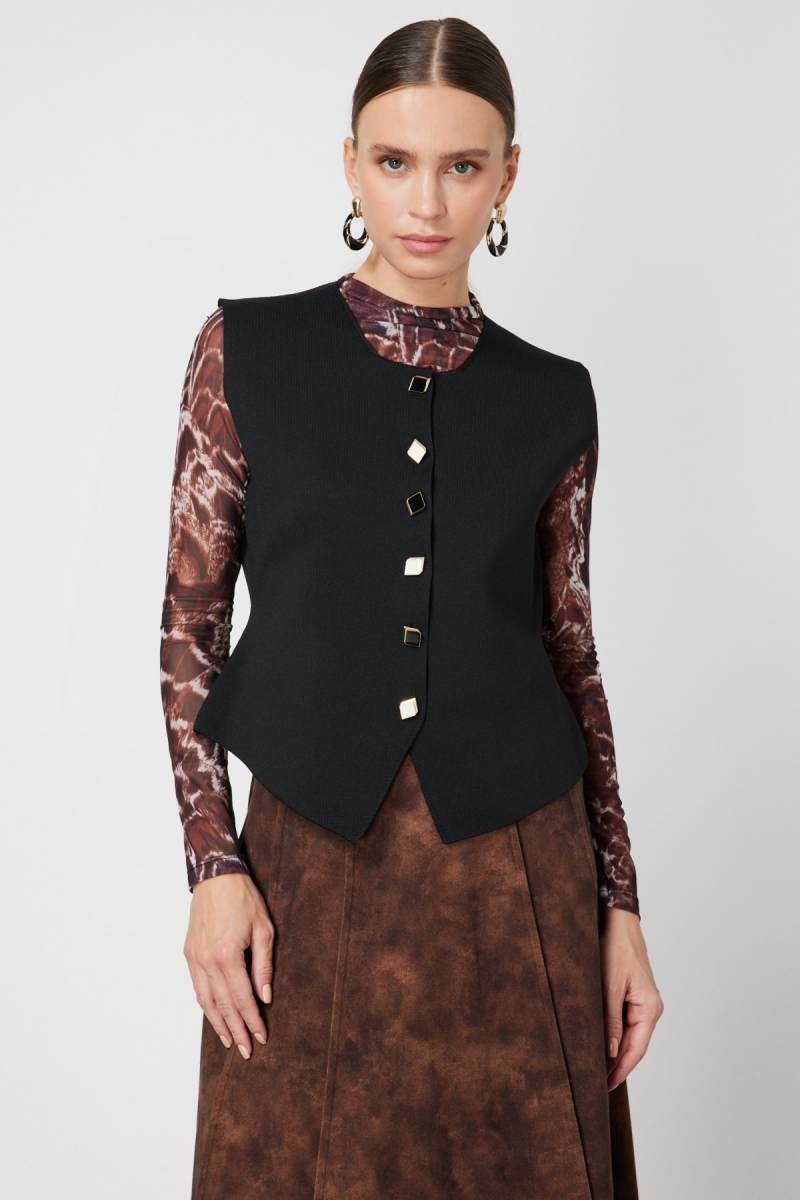 On Kadın Sıfır Yaka Düğmeli Triko Yelek 66947 Siyah Siyah