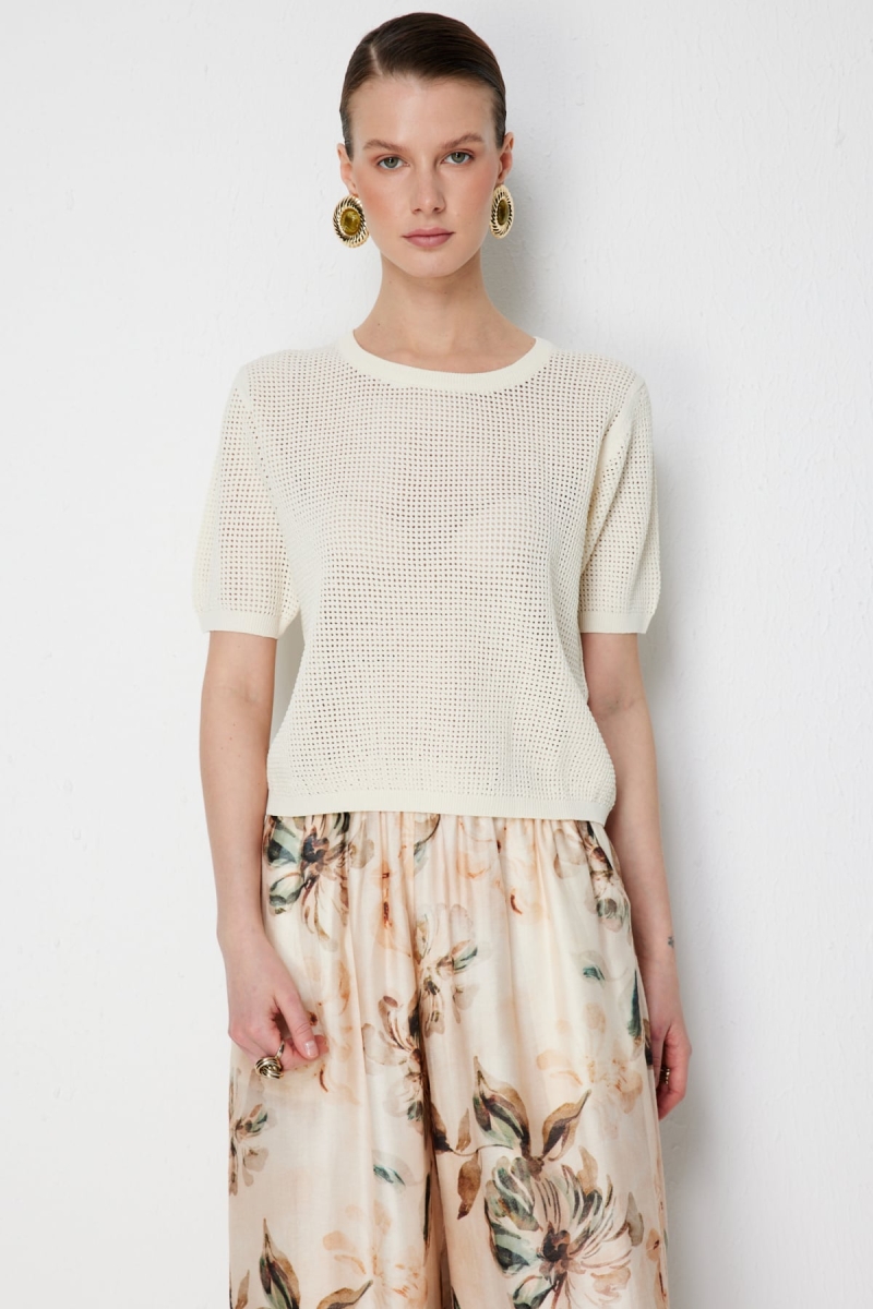 On Kadın Sıfır Yaka Fileli Bluz 79307 Ekru Ekru