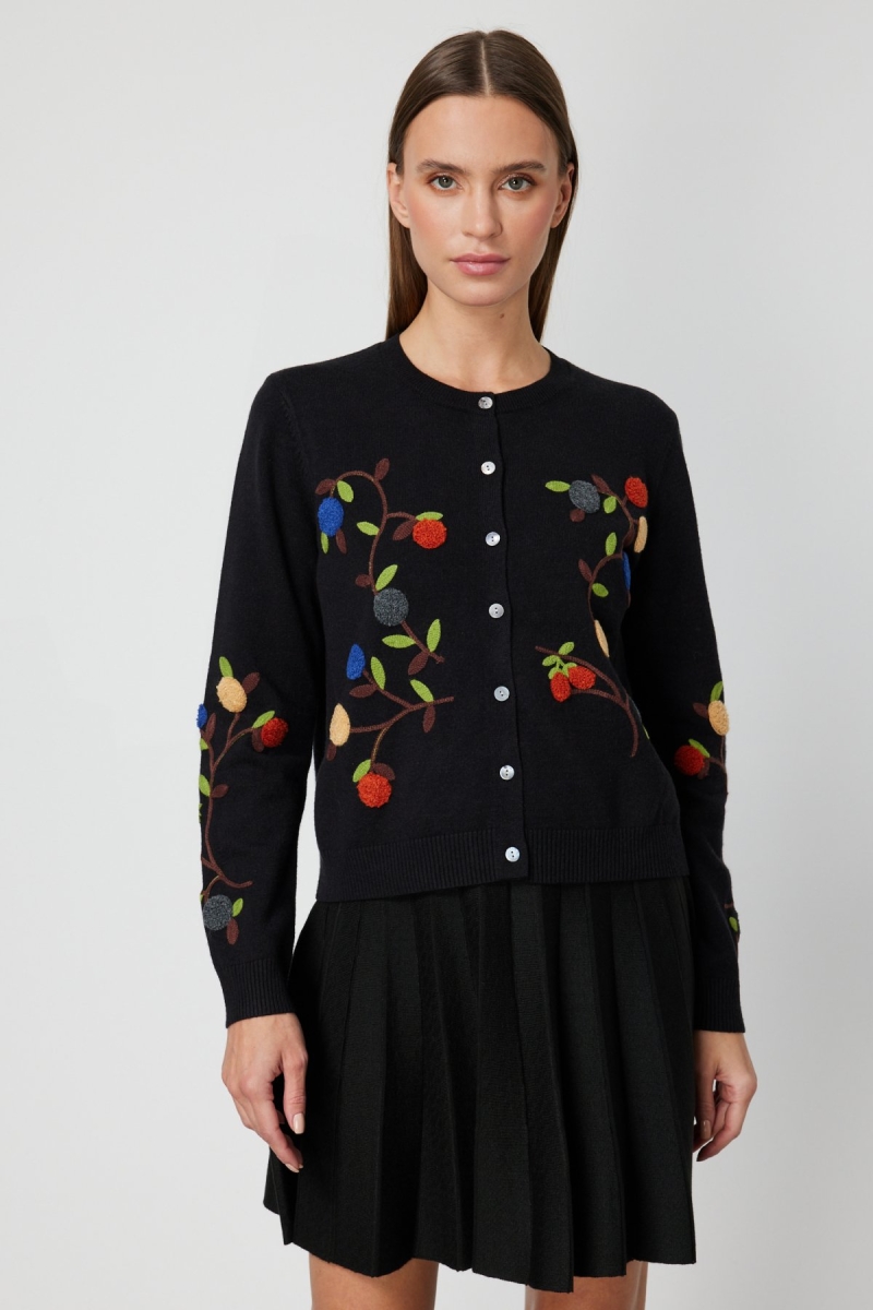 On Kadın Sıfır Yaka İşlemeli Triko Hırka 60940 Siyah Siyah