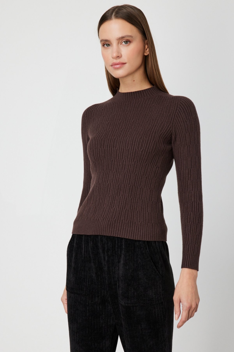 On Kadın Sıfır Yaka Örgü Desenli Triko Kazak 69314 Kahverengi Kahverengi