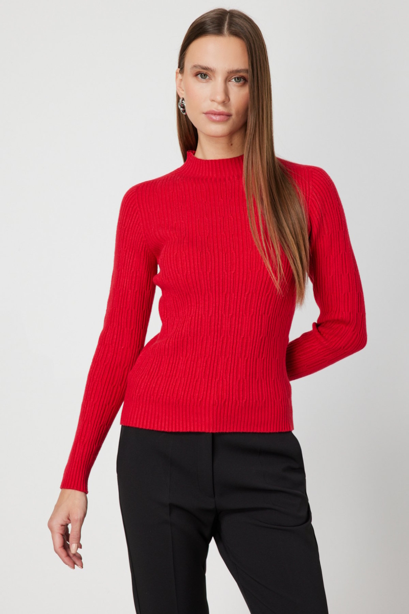 On Kadın Sıfır Yaka Örgü Desenli Triko Kazak 69314 Kırmızı Kırmızı