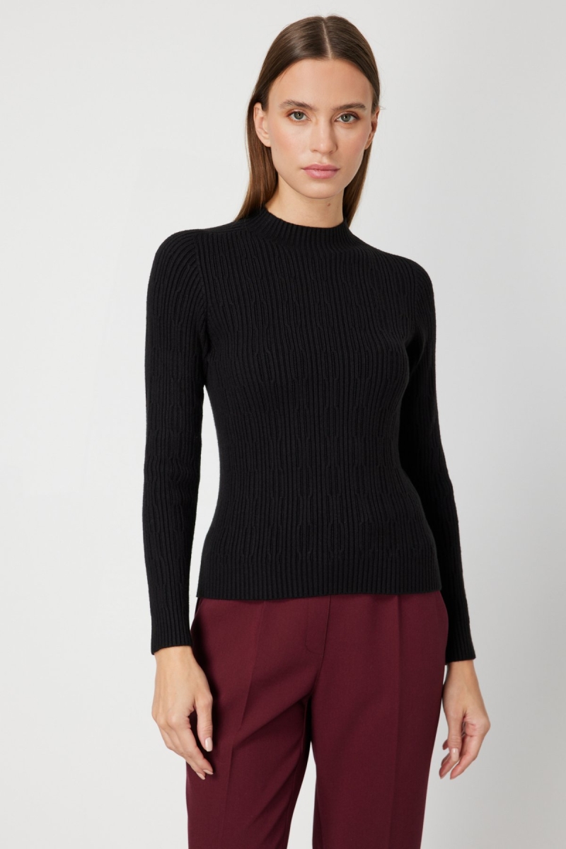 On Kadın Sıfır Yaka Örgü Desenli Triko Kazak 69314 Siyah Siyah