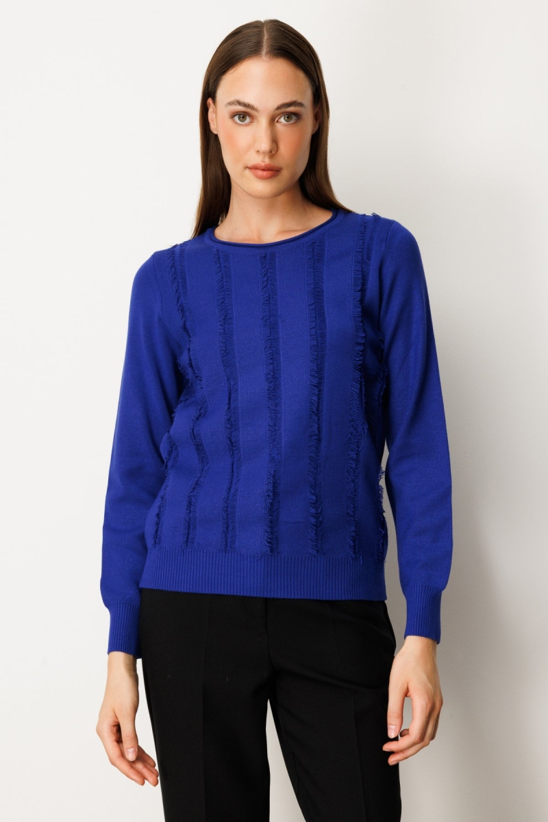 On Kadın Sıfır Yaka Püskül Detaylı Triko Kazak 65306 Saks Saks