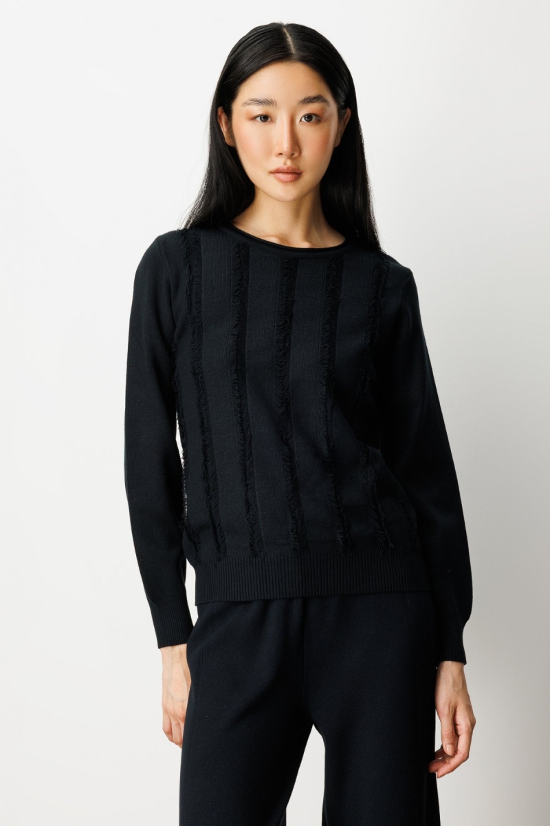 On Kadın Sıfır Yaka Püskül Detaylı Triko Kazak 65306 Siyah Siyah