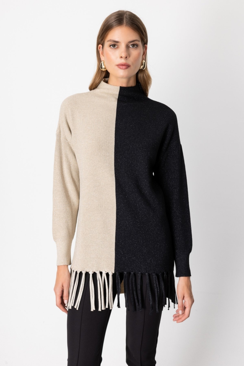 On Kadın Simli Kumaş Püsküllü Kazak 65377 Bej Bej