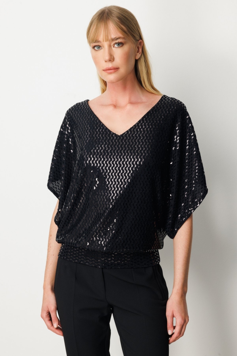 On Kadın Sırt Dekolteli Pullu Bluz 61378 Siyah Siyah