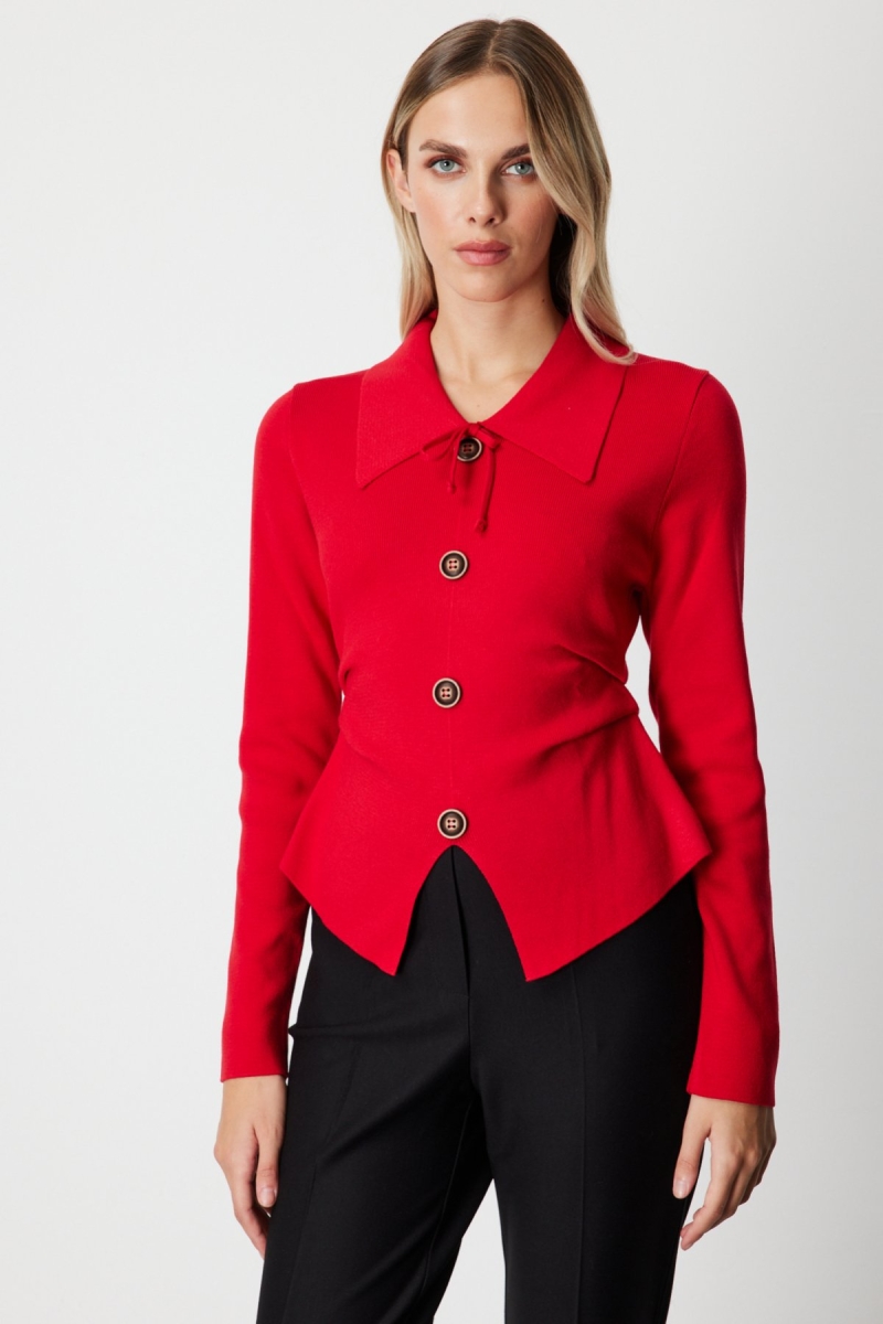 On Kadın Süs Düğmeli Büzgü Detaylı Triko Kazak 65353 Kırmızı Kırmızı