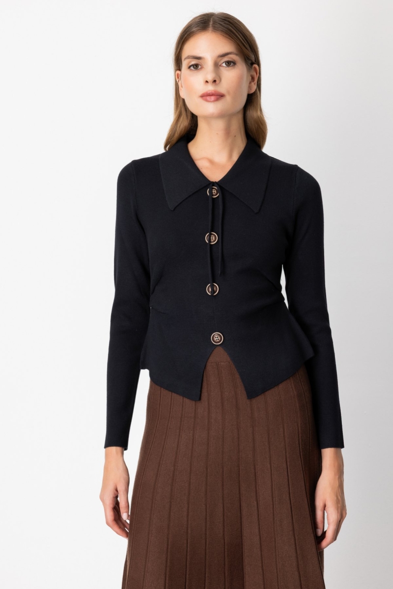 On Kadın Süs Düğmeli Büzgü Detaylı Triko Kazak 65353 Siyah Siyah