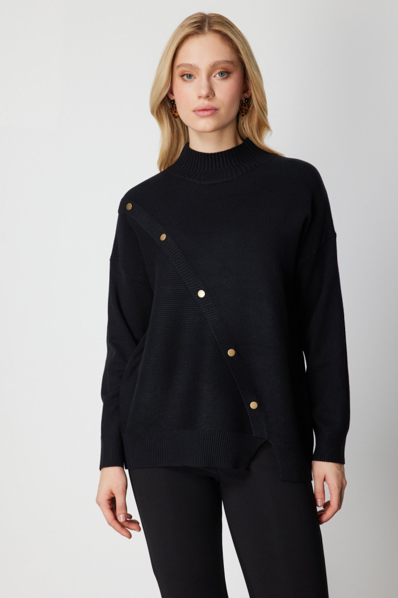 On Kadın Süs Düğmeli Dik Yaka Triko Kazak 60419 Siyah Siyah