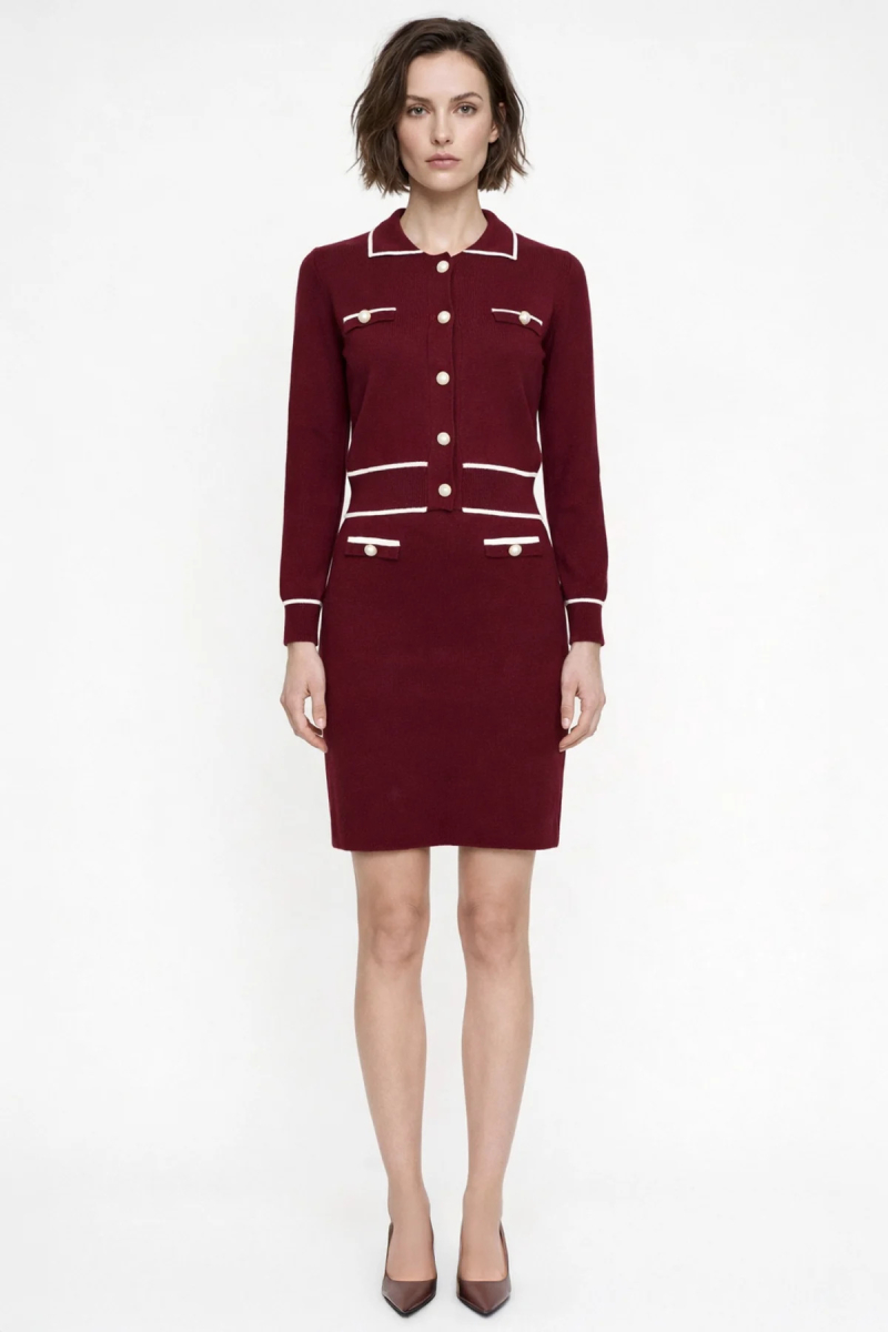 On Kadın Süs Düğmeli Diz Üstü Triko Etek 69915 Bordo Bordo