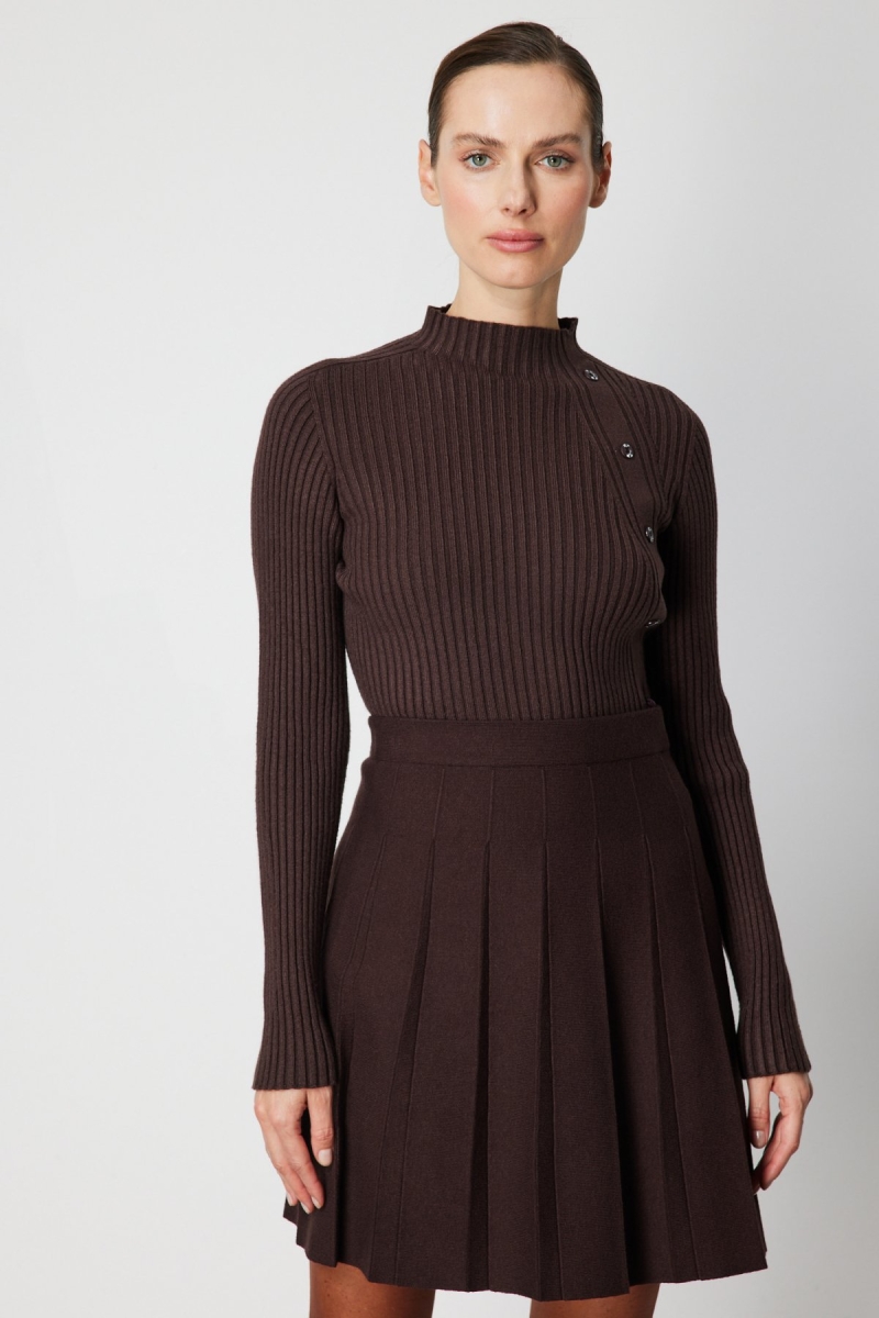 On Kadın Süs Düğmeli Fitilli Triko Kazak 69312 Kahverengi Kahverengi