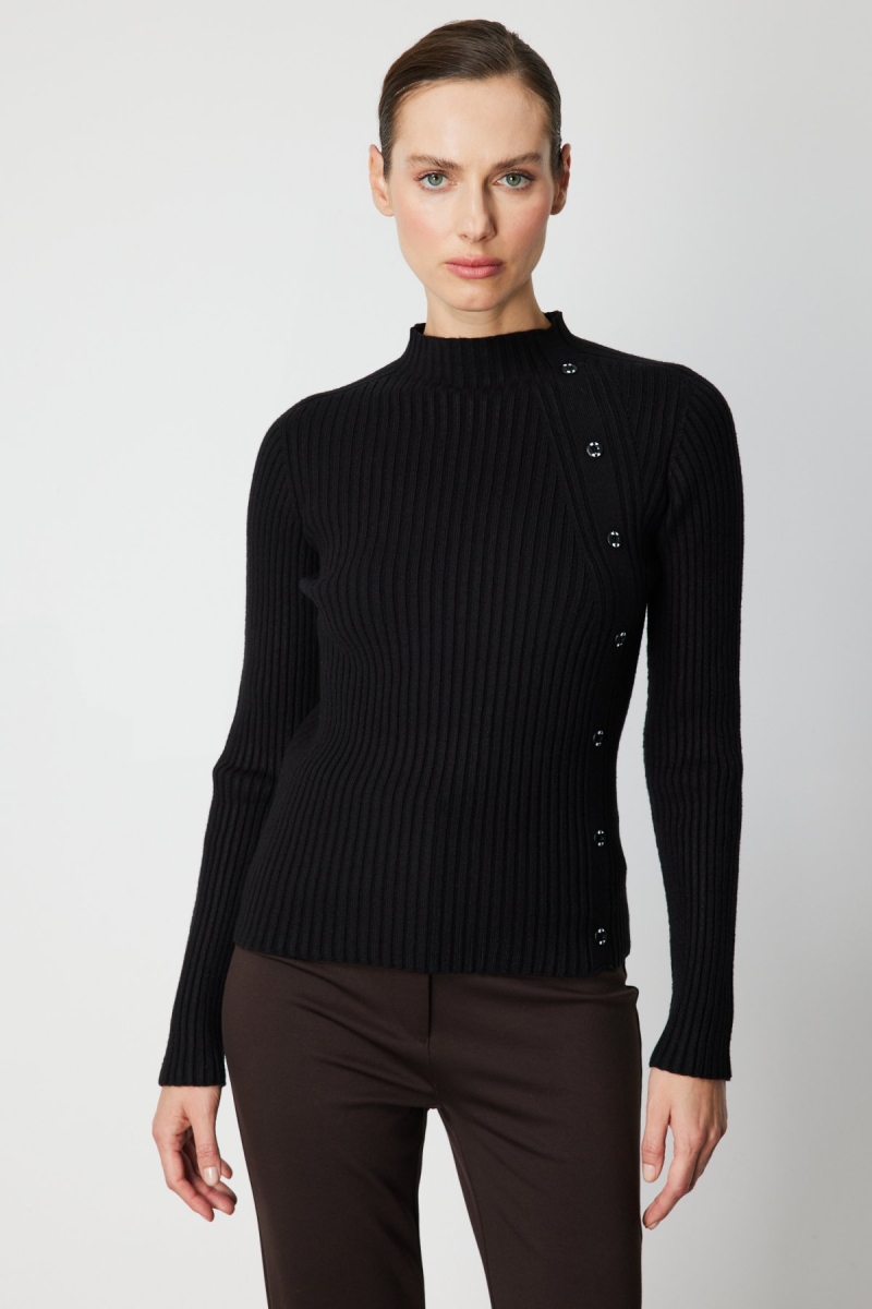 On Kadın Süs Düğmeli Fitilli Triko Kazak 69312 Siyah Siyah