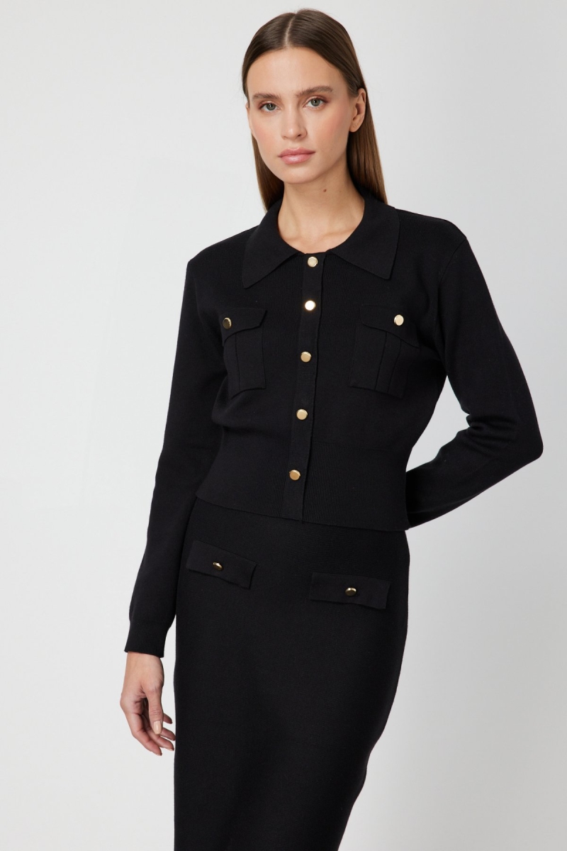 On Kadın Süs Düğmeli Kapak Cepli Triko Kazak 69507 Siyah Siyah