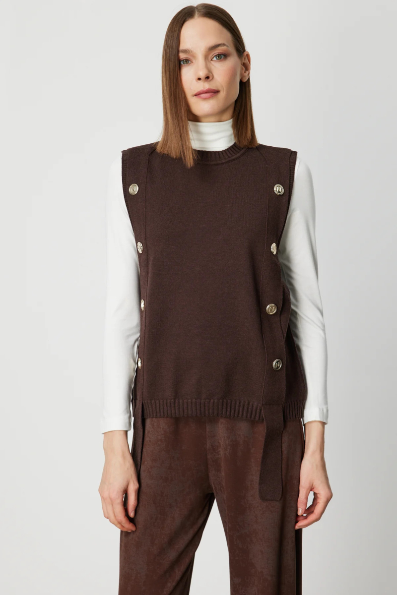 On Kadın Süs Düğmeli Sıfır Yaka Süveter 69310 Kahverengi Kahverengi