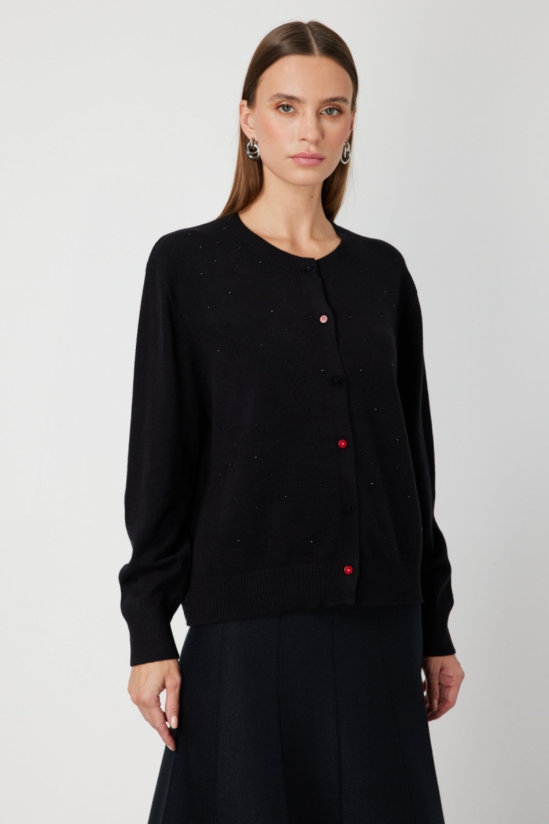 On Kadın Taş Detaylı Sıfır Yaka Triko Hırka 60344 Siyah Siyah