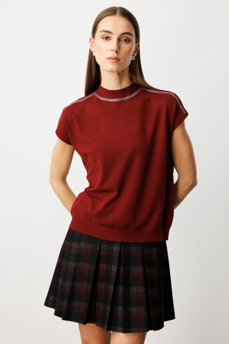 On Kadın Taş İşlemeli Kısa Kol Triko Bluz 60422 Bordo Bordo