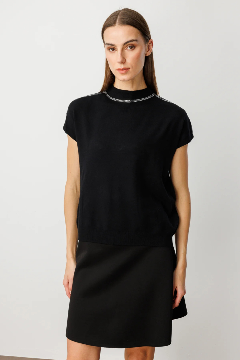 On Kadın Taş İşlemeli Kısa Kol Triko Bluz 60422 Siyah Siyah