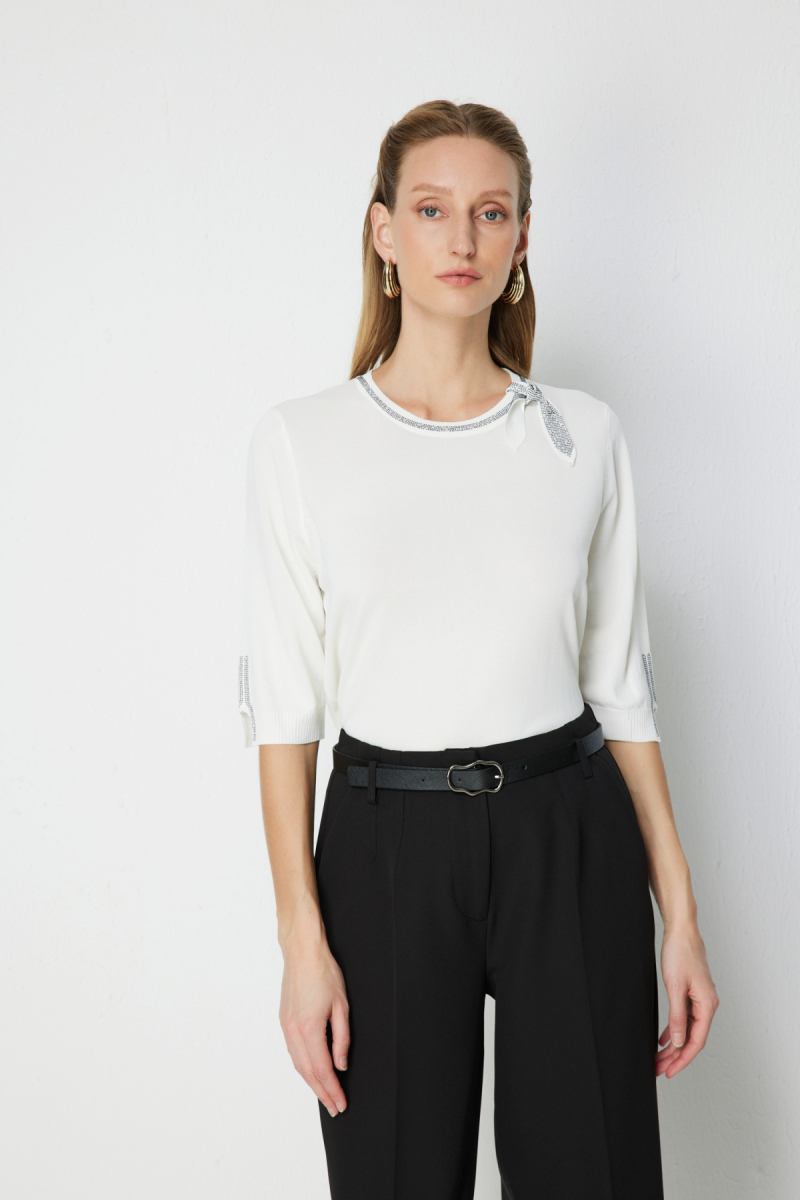 On Kadın Taş İşlemeli Kısa Kollu Bluz 70422 Ekru Ekru