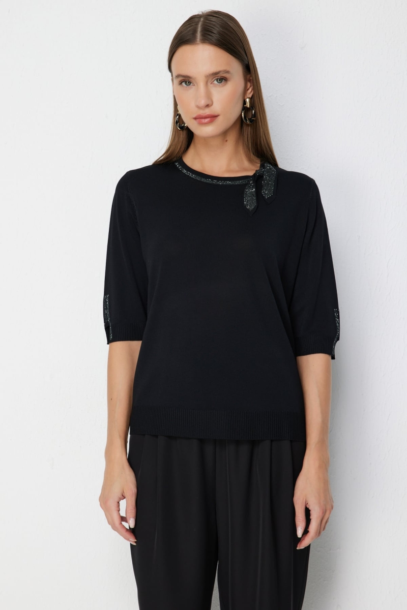 On Kadın Taş İşlemeli Kısa Kollu Bluz 70422 Siyah Siyah