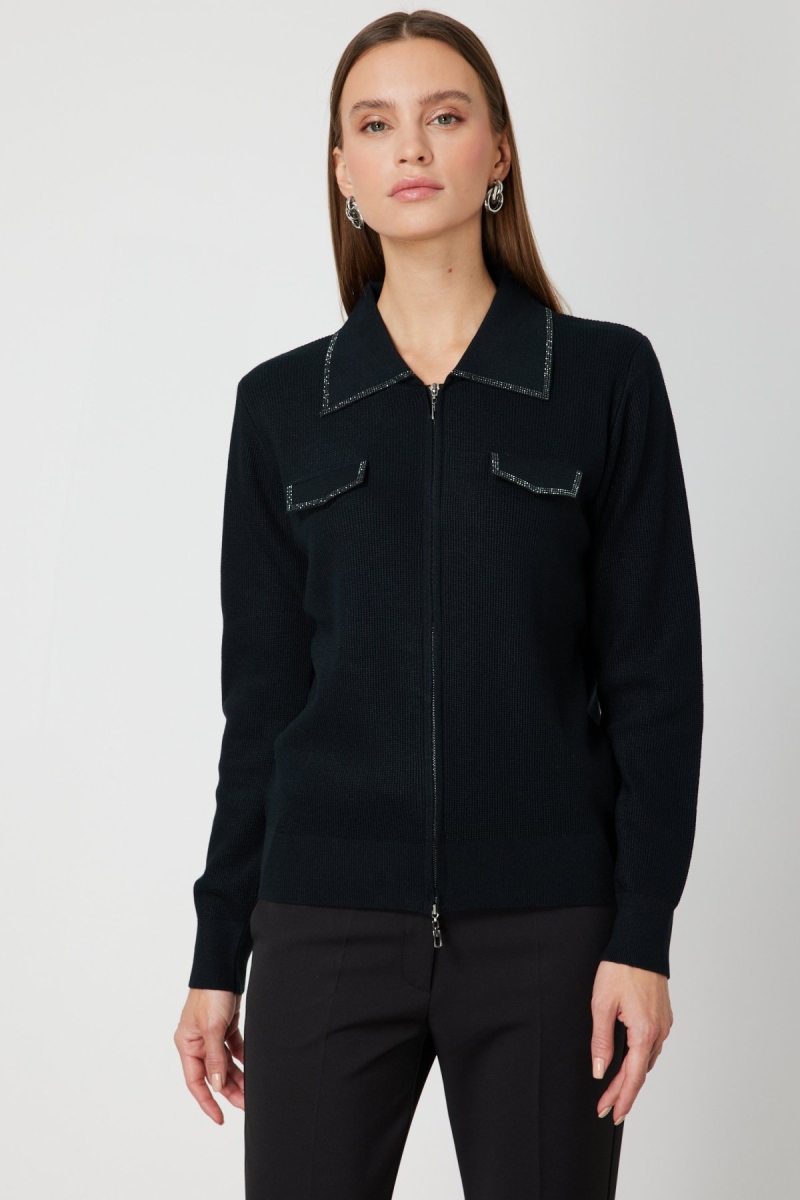 On Kadın Taş İşlemeli Triko Hırka 65926 Siyah Siyah