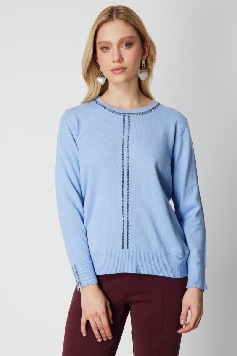 On Kadın Taş İşlemeli Triko Kazak 65397 Bulut BULUT