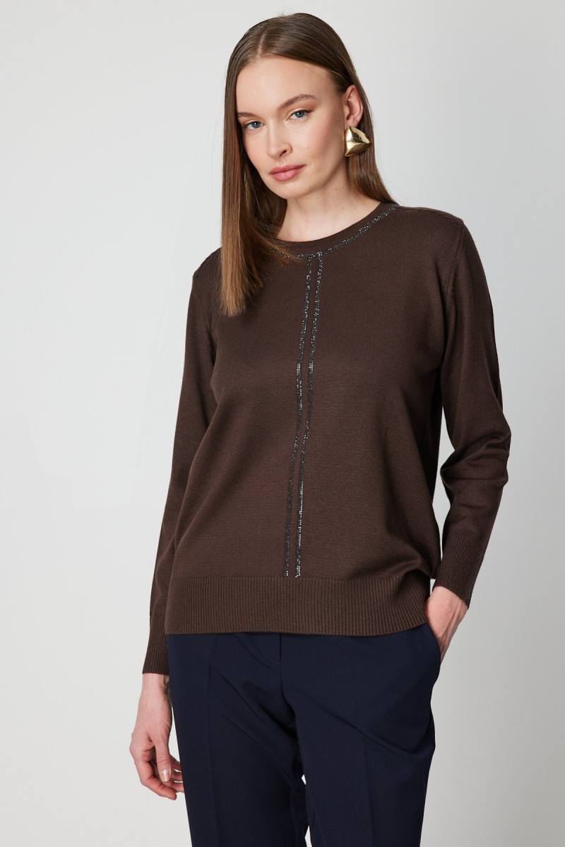 On Kadın Taş İşlemeli Triko Kazak 65397 Kahverengi Kahverengi