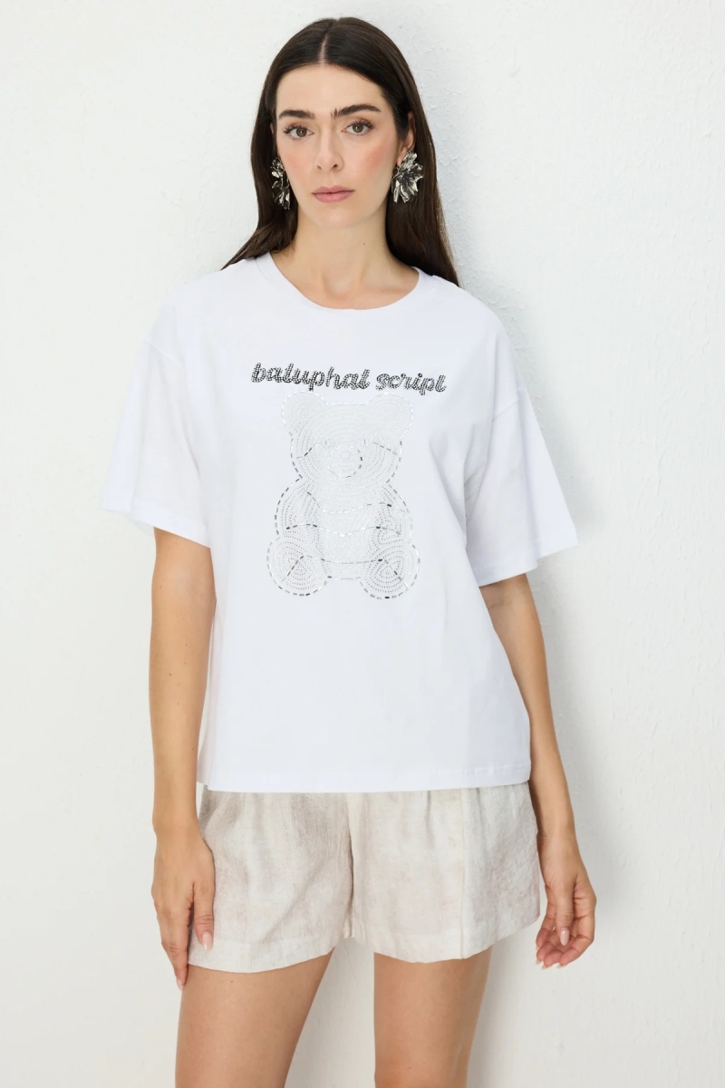 On Kadın Taşlı Ayıcık Baskılı T-Shirt 70341 Beyaz Beyaz