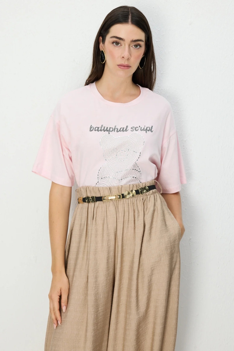 On Kadın Taşlı Ayıcık Baskılı T-Shirt 70341 Pembe Pembe
