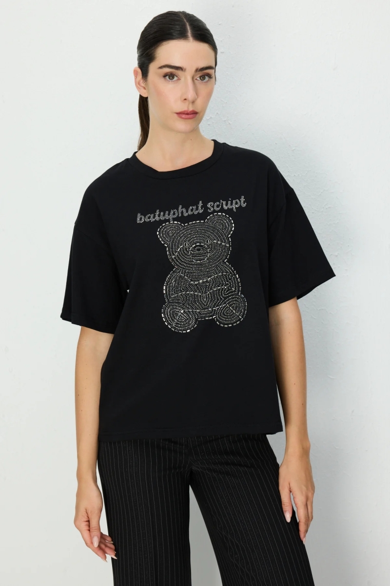 On Kadın Taşlı Ayıcık Baskılı T-Shirt 70341 Siyah Siyah