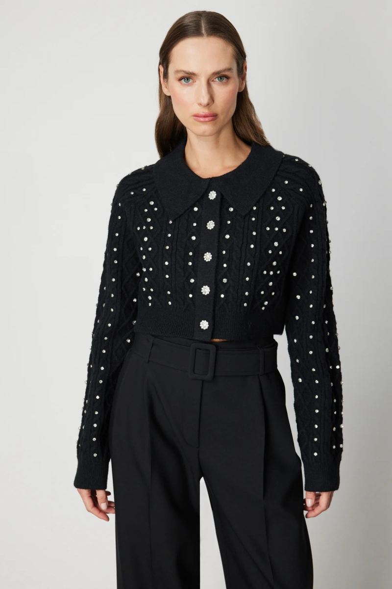 On Kadın Taşlı Crop Hırka 60911 Siyah Siyah