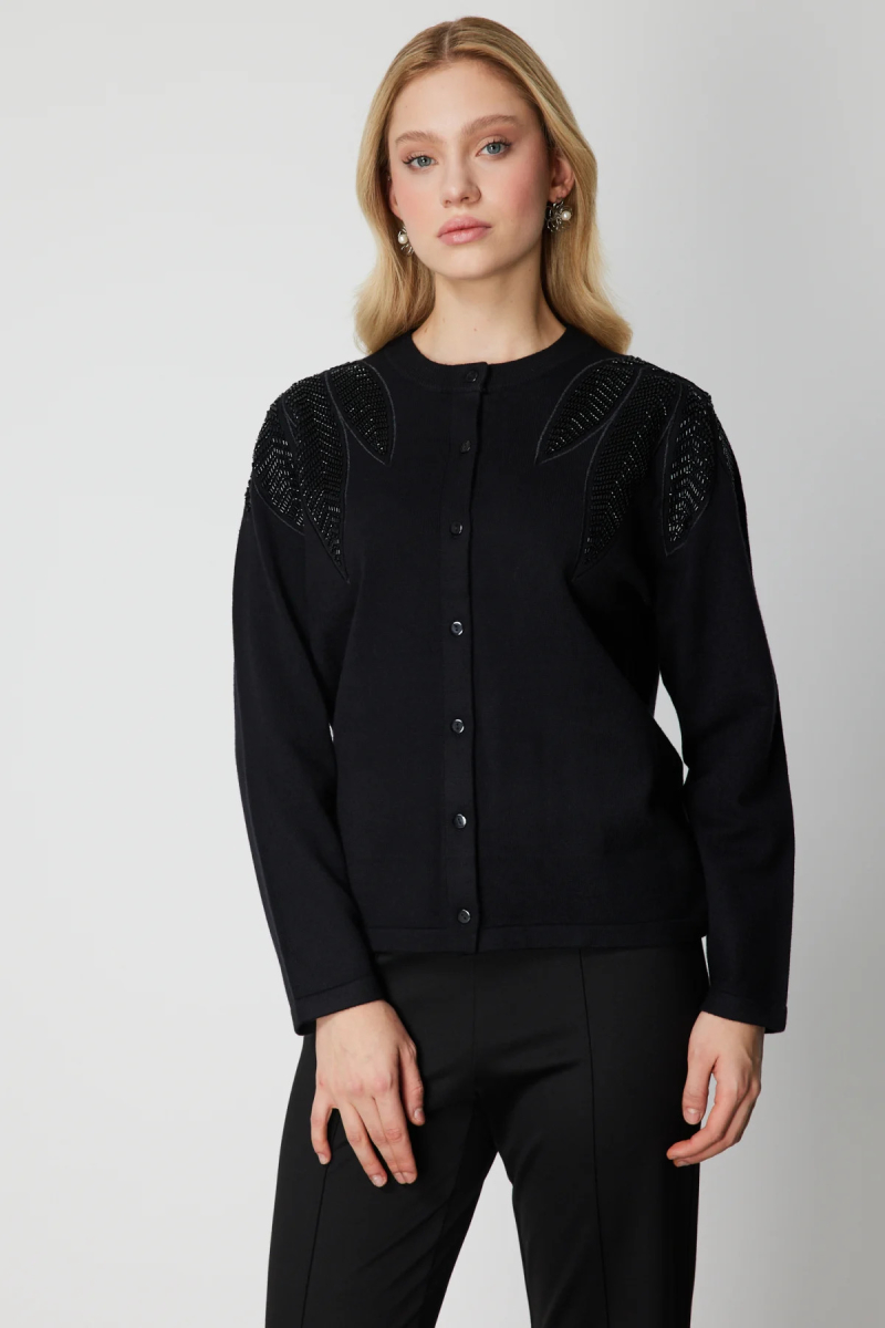 On Kadın Taşlı Desenli Triko Hırka 60908 Siyah Siyah