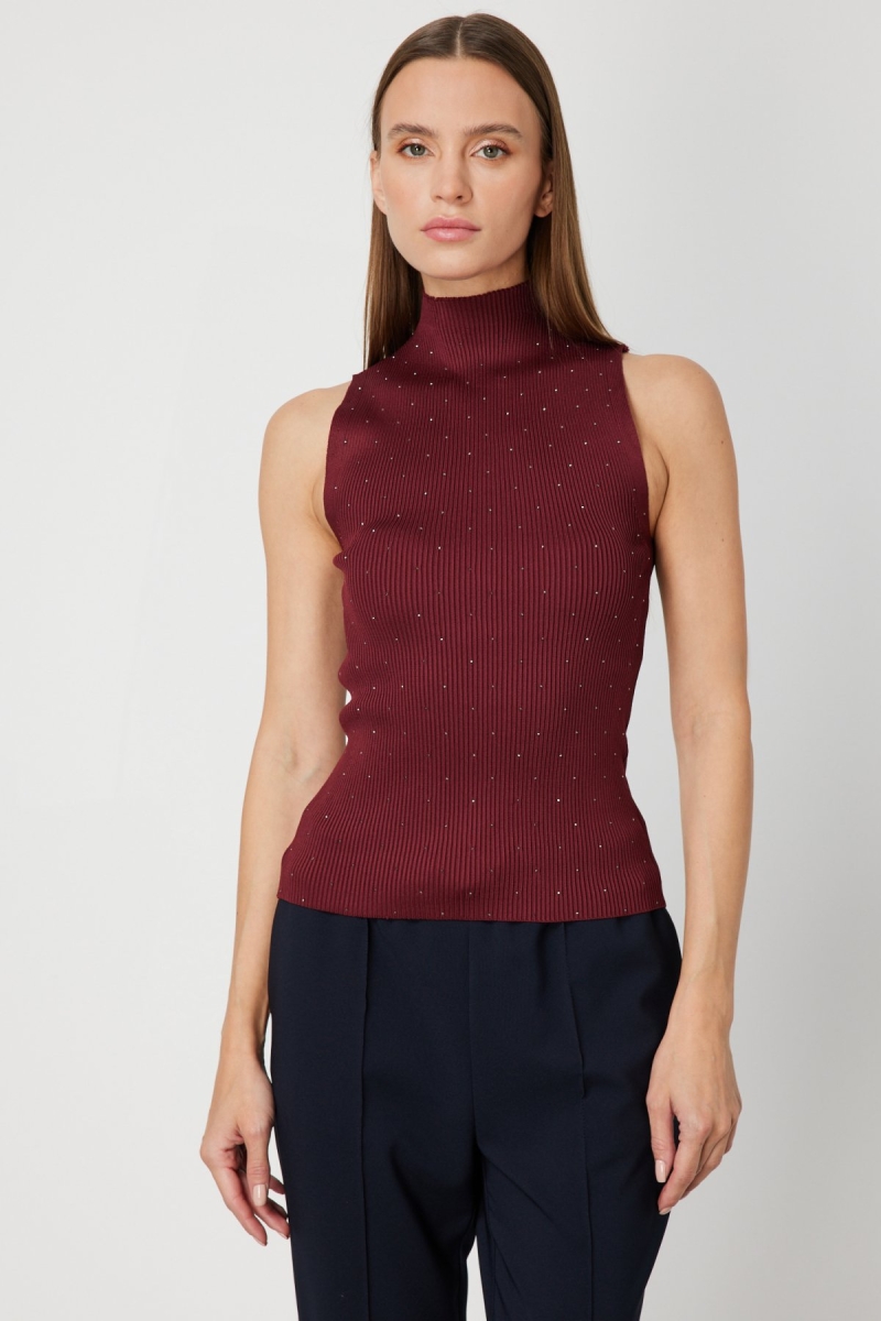 On Kadın Taşlı Kolsuz Triko Bluz 66375 Bordo Bordo