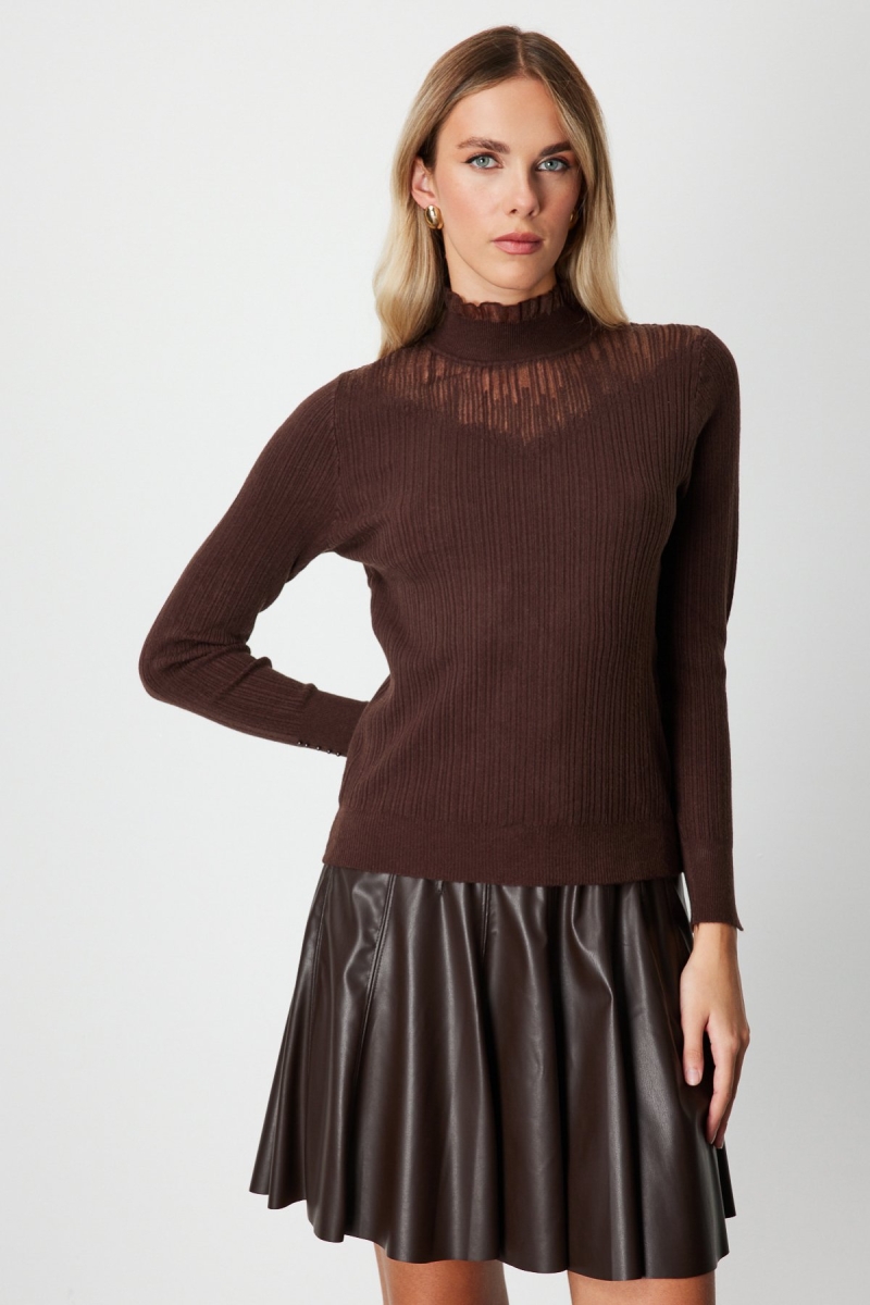 On Kadın Tül Detaylı Fitilli Triko Kazak 60341 Kahverengi Kahverengi