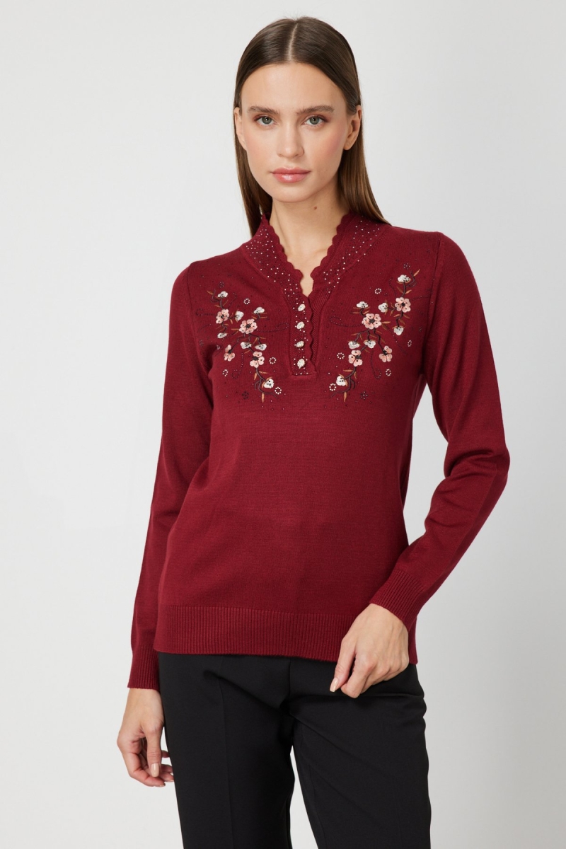 On Kadın V Yaka Çiçek İşlemeli Triko Kazak 65307 Bordo Bordo