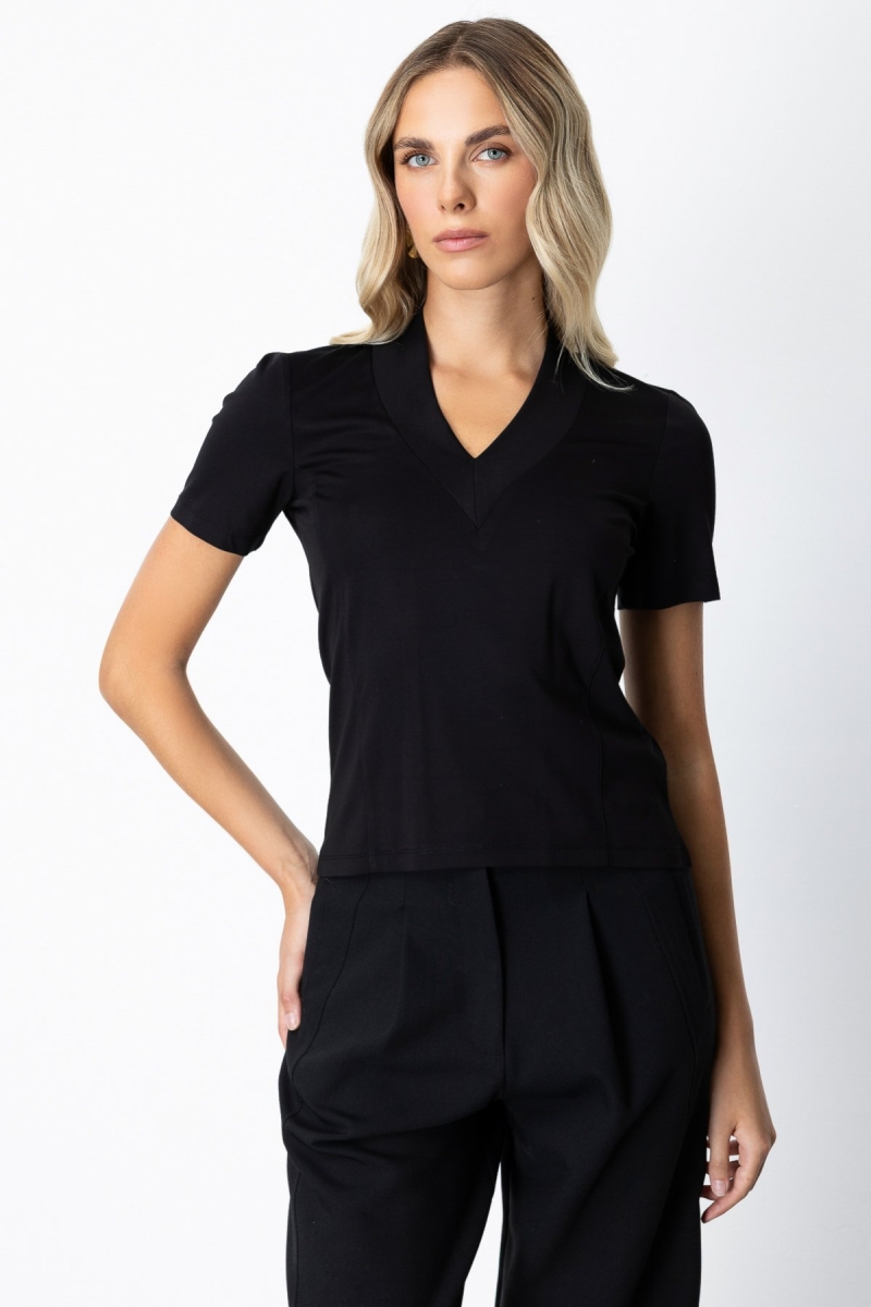 On Kadın V Yaka Dikişli Basic T-Shirt 61341 Siyah Siyah