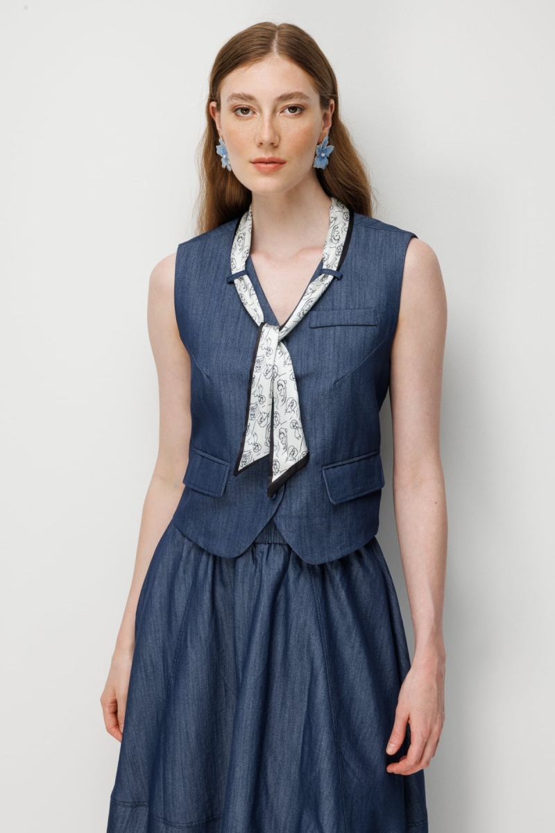 On Kadın V Yaka Fularlı Crop Yelek 70935 Indigo Indigo