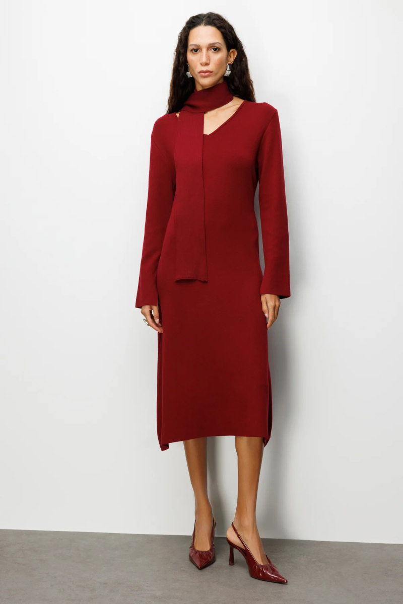 On Kadın V Yaka Kuşaklı Triko Elbise 63401 Bordo Bordo