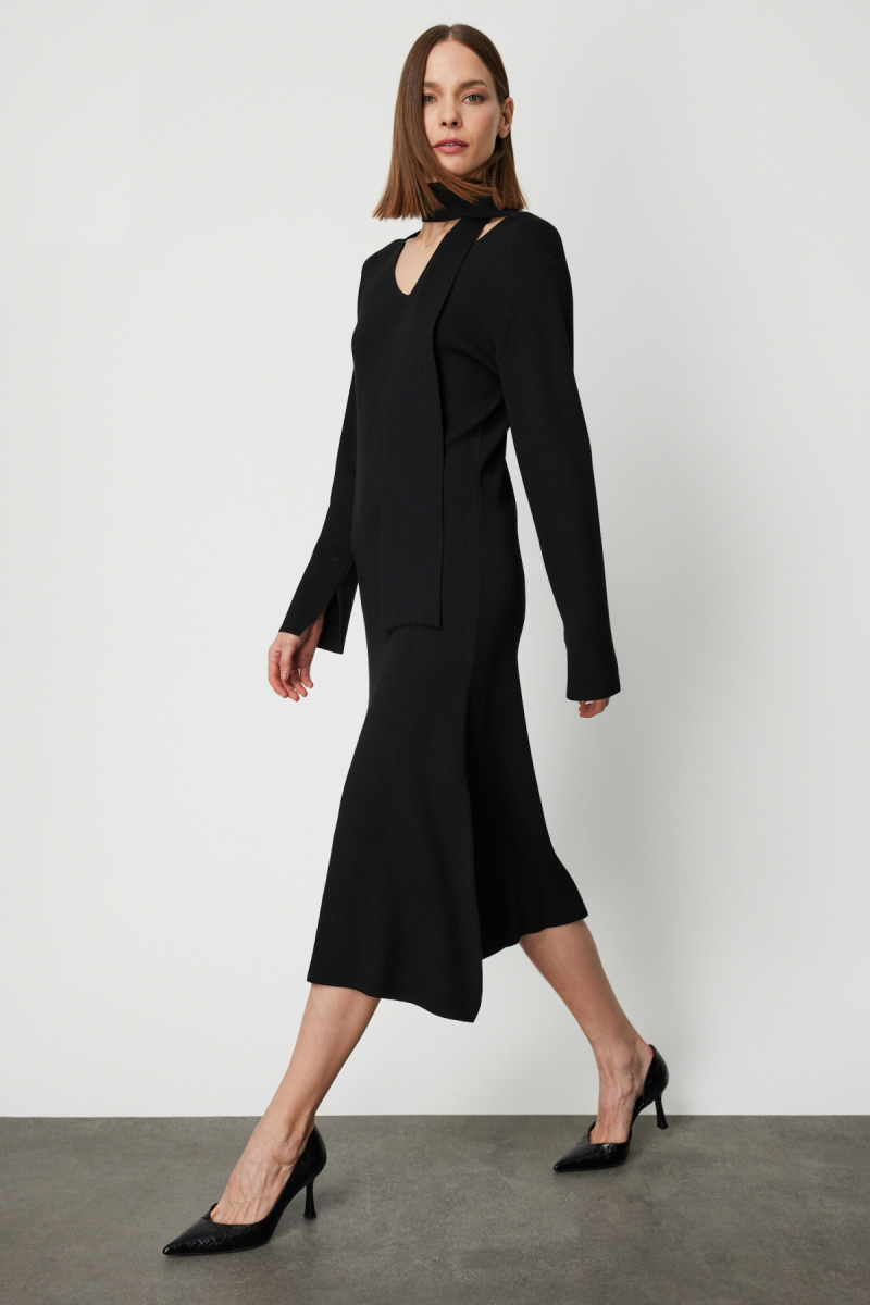 On Kadın V Yaka Kuşaklı Triko Elbise 63401 Siyah Siyah