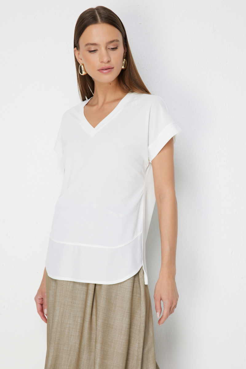 On Kadın V Yaka Parçalı T-Shirt 71475 Ekru Ekru