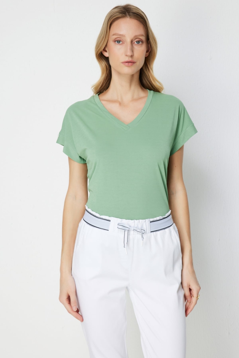 On Kadın V Yaka Parçalı T-Shirt 71475 Haki Haki