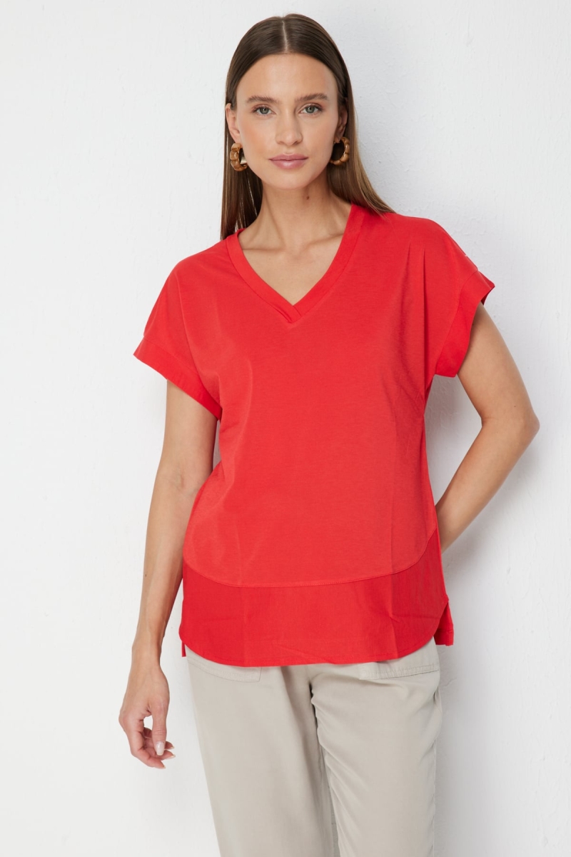 On Kadın V Yaka Parçalı T-Shirt 71475 Mercan Mercan