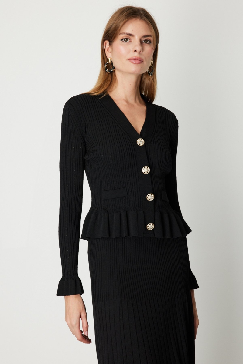 On Kadın V Yaka Süs Düğmeli Triko Hırka 69905 Siyah Siyah