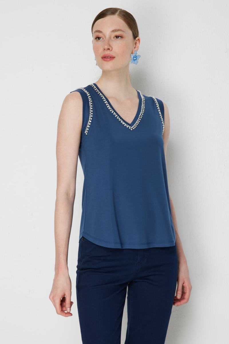 On Kadın V Yaka Taş Detaylı Bluz 71435 Indigo Indigo