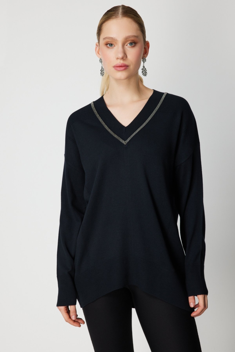 On Kadın V Yaka Taşlı Triko Kazak 65311 Siyah Siyah