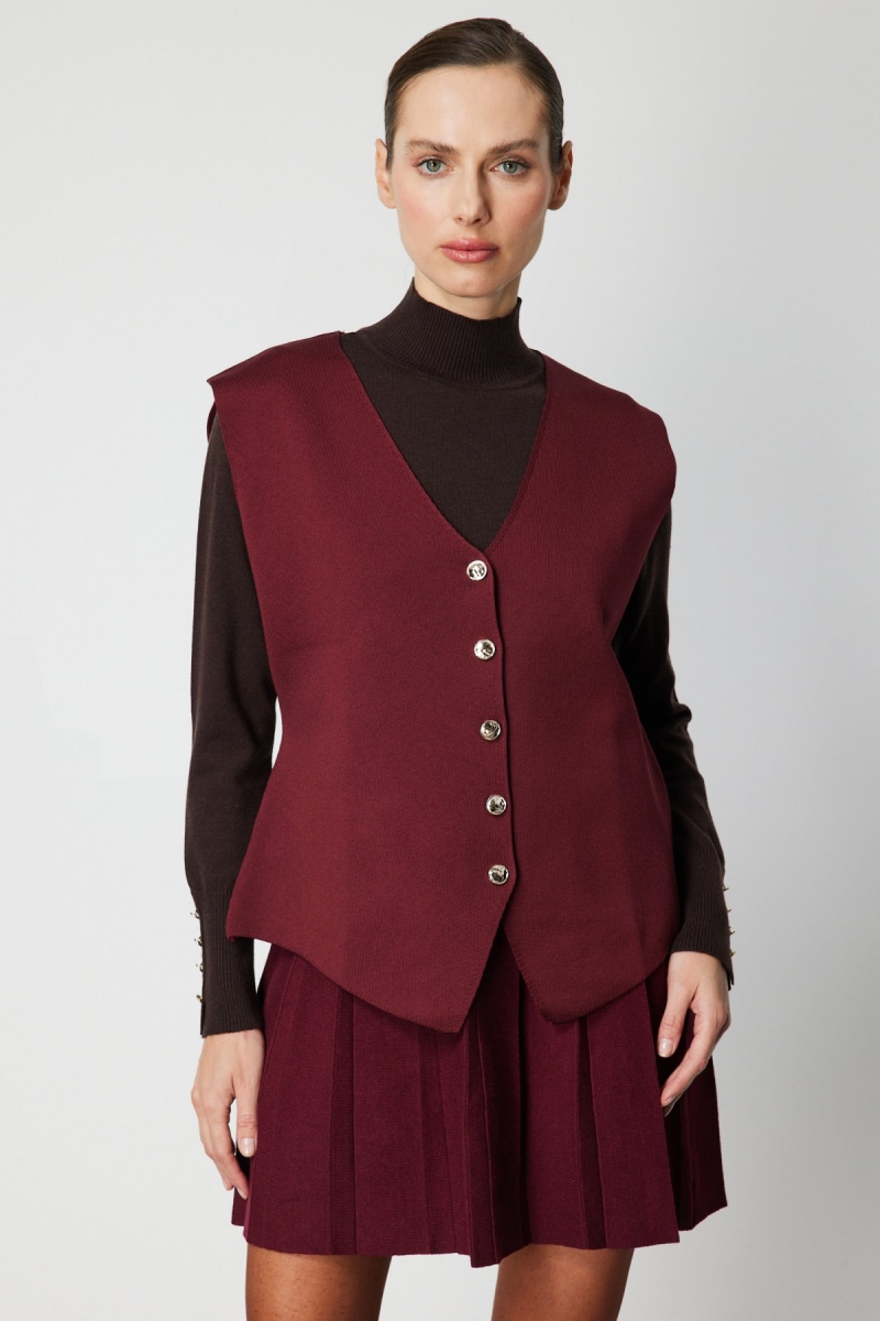 On Kadın V Yaka Triko Yelek 66915 Bordo Bordo