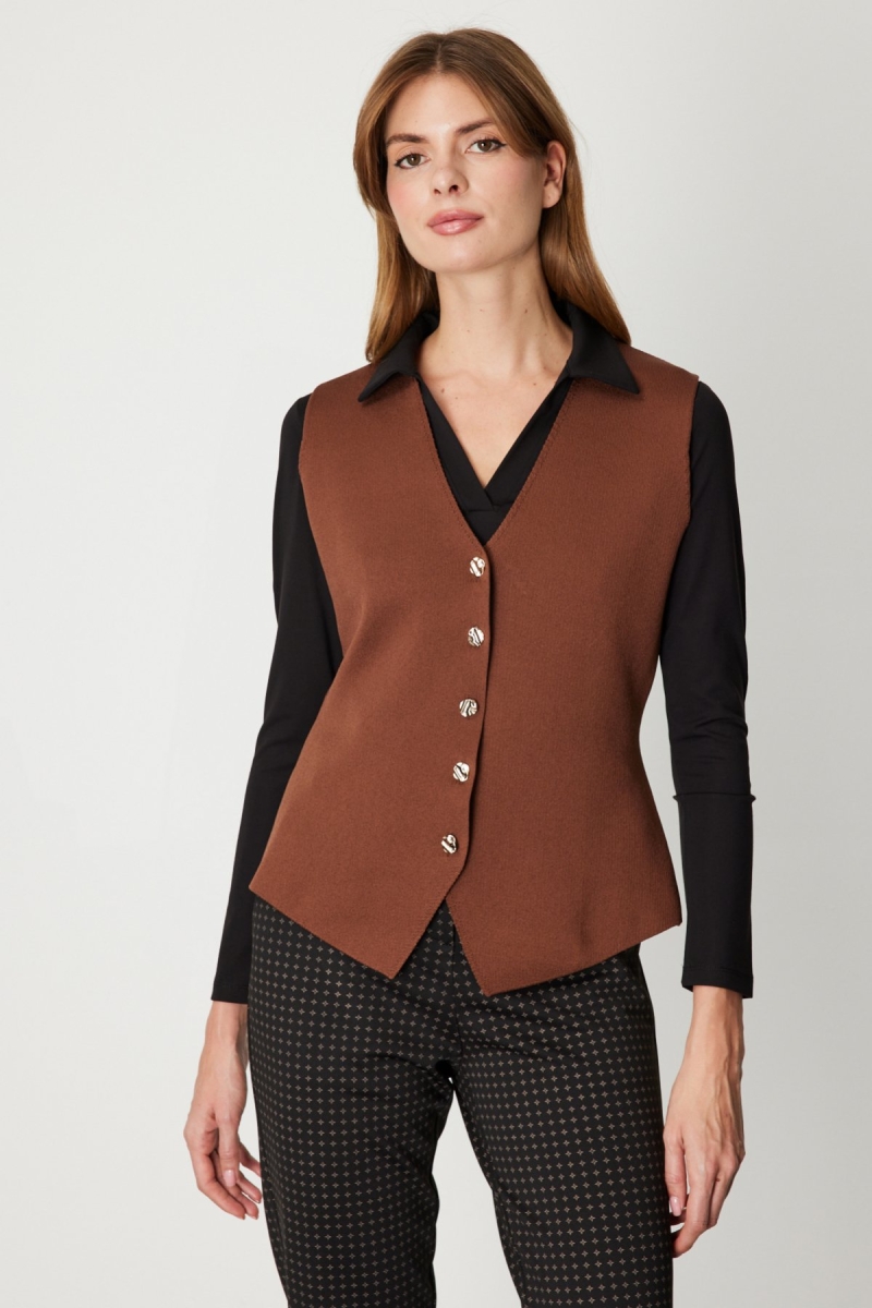 On Kadın V Yaka Triko Yelek 66915 Kahverengi Kahverengi