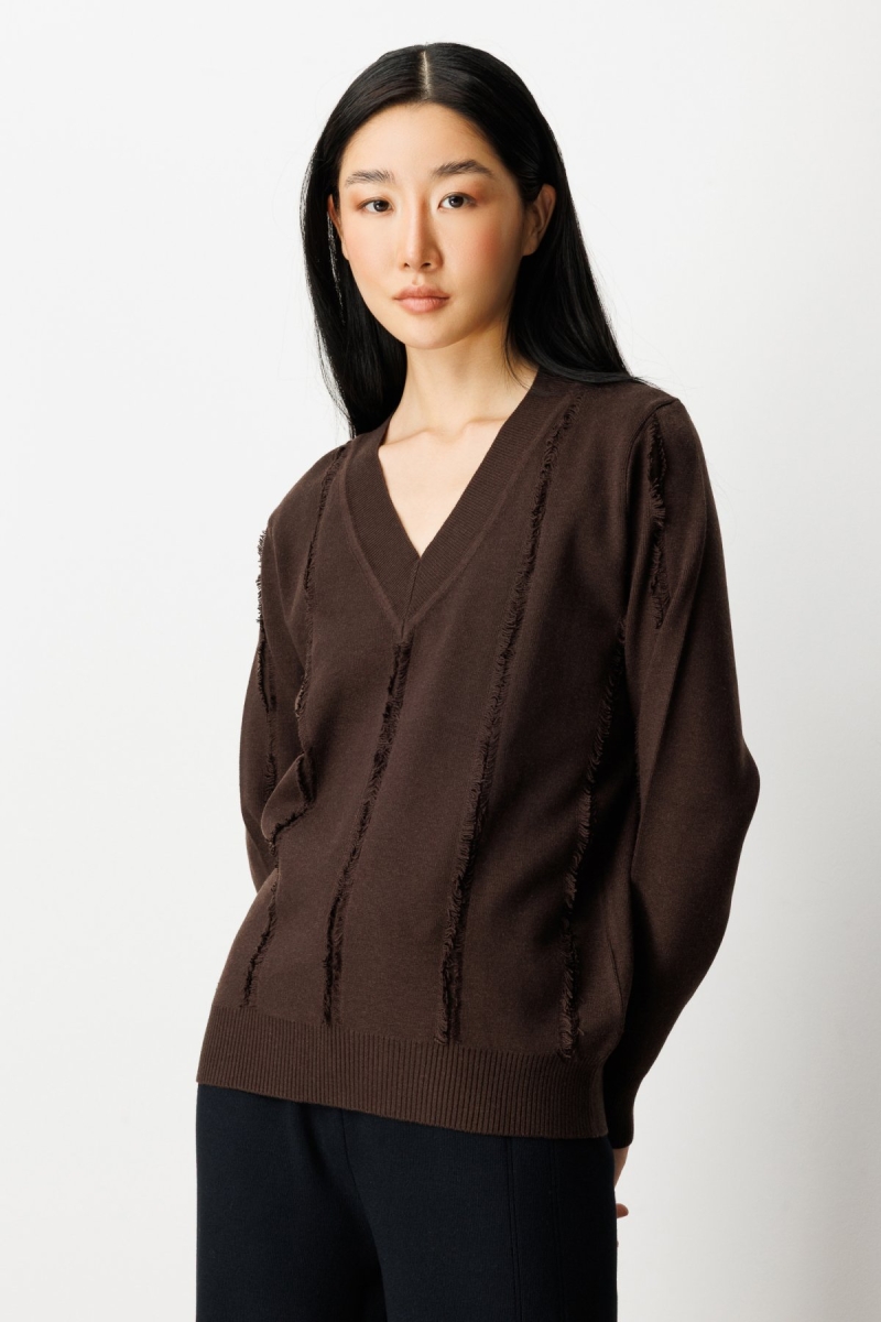 On Kadın Yaka Şerit Kırçıllı Triko Kazak 65321 Kahverengi Kahverengi