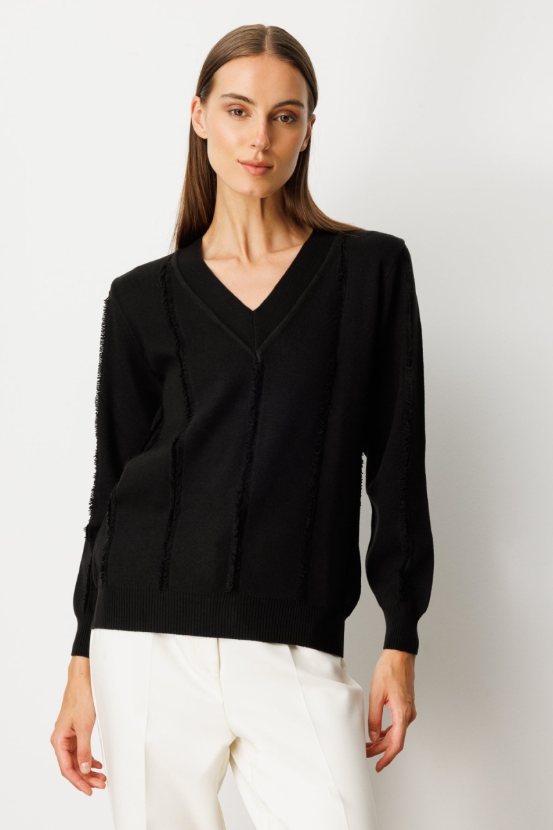 On Kadın Yaka Şerit Kırçıllı Triko Kazak 65321 Siyah Siyah