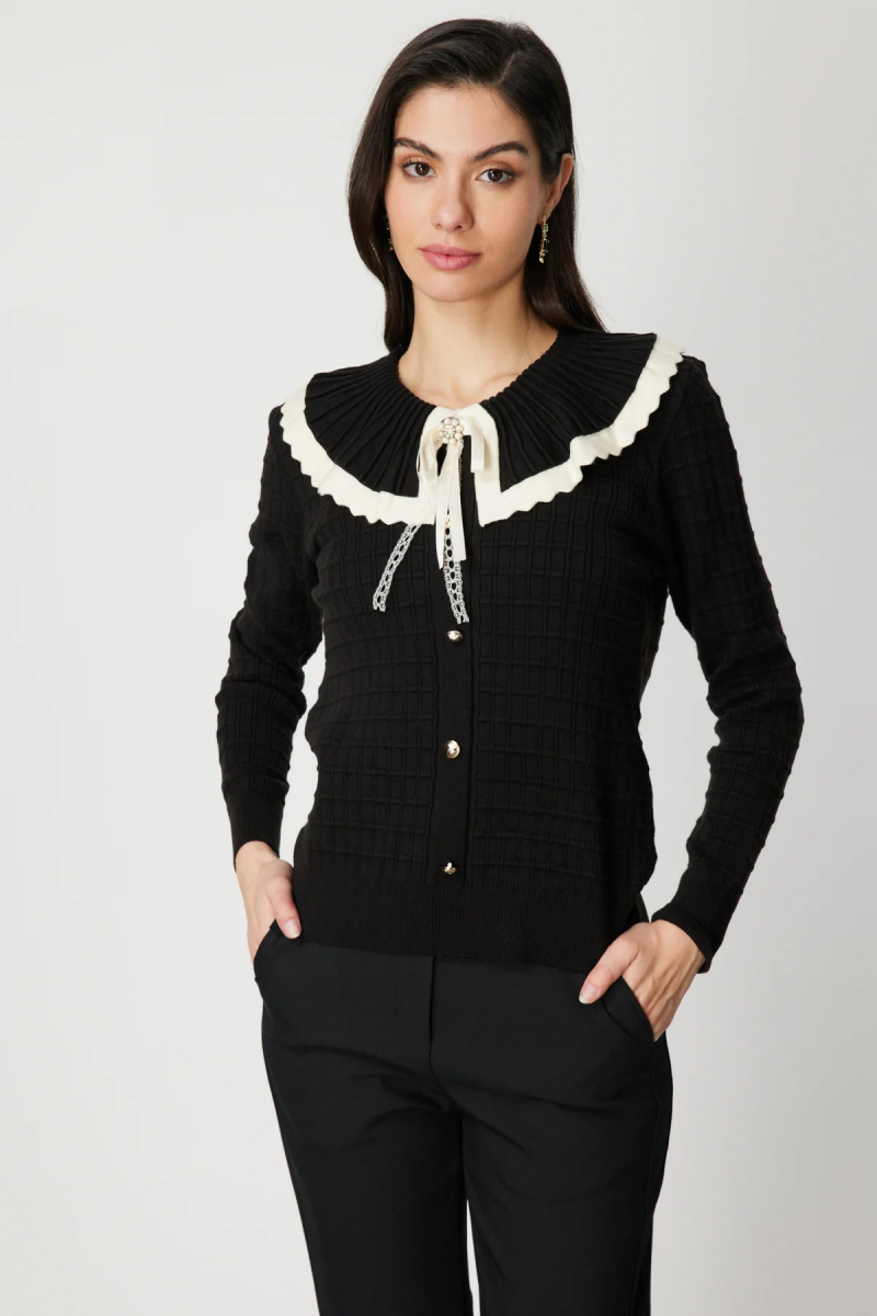 On Kadın Yakası Aksesuarlı Düğmeli Triko Kazak 66351 Siyah-Krem SİYAH-KREM